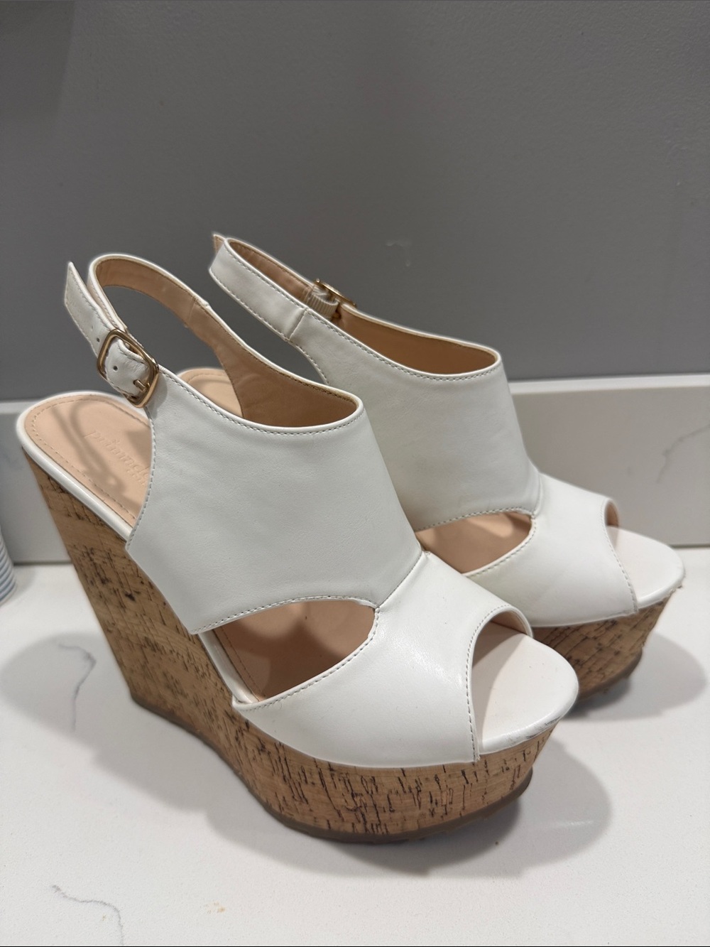 White Cork Platform Wedge Slingback Sandals